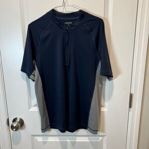 Lands End Short Sleeve Rash Guard Swim Shirt Navy Gray Zip Neck Mens M